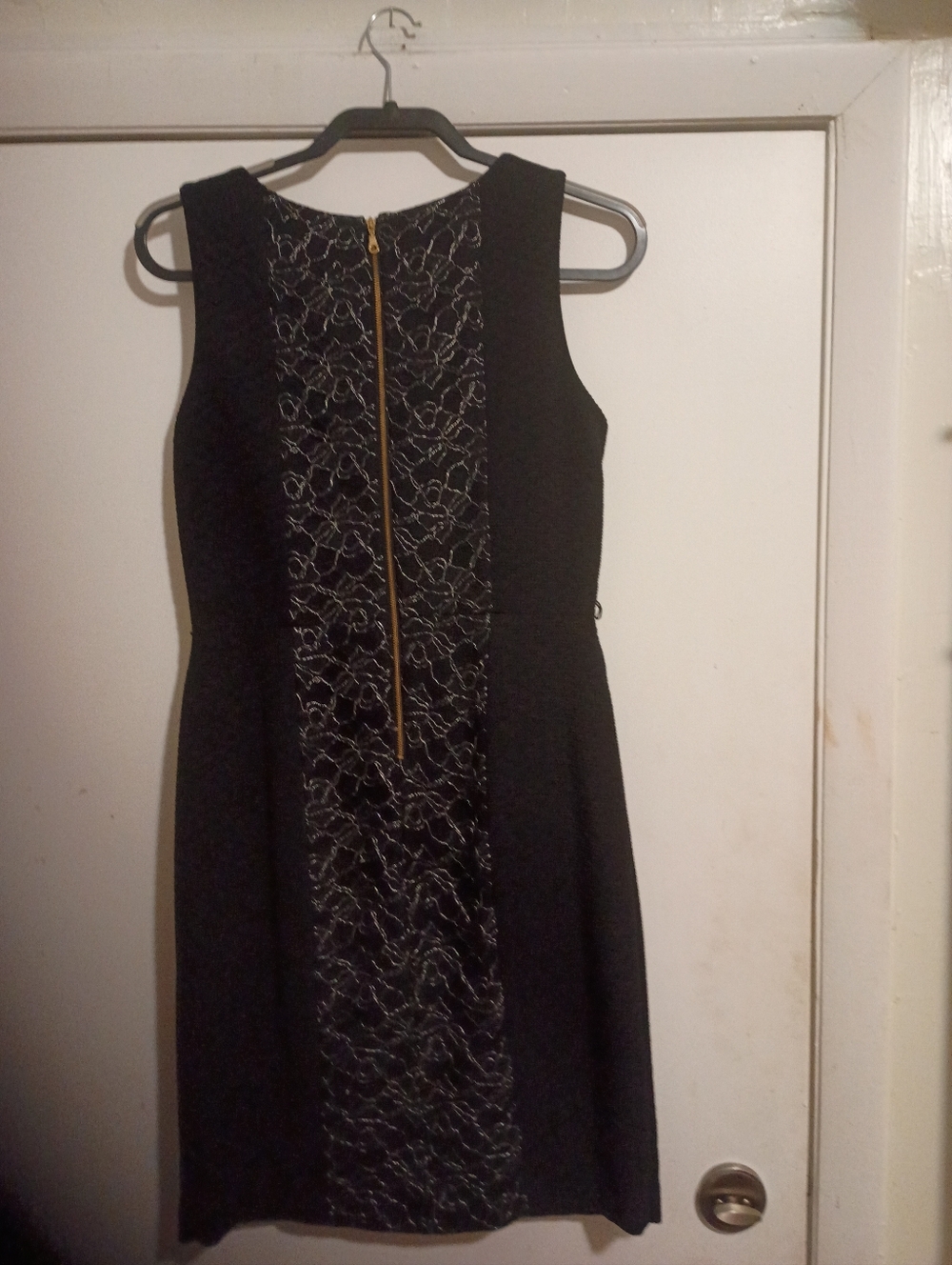 Black Sleeveless Sheath Dress with Metallic Lace Panel